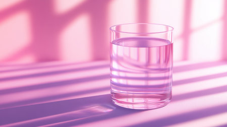 A beautifully lit transparent glass filled with water showcases soft pink hues and delicate shadows, creating an elegant and serene atmosphere perfect for modern decor.の素材