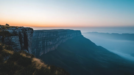 This image captures the breathtaking beauty of a sunrise illuminating a majestic cliffside, surrounded by soft mist, creating a tranquil outdoor scene.の素材