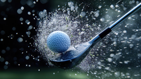 Dynamic image captures a golf club striking a ball, creating a spray of grass and water particles, embodying the excitement and precision of the game.の素材