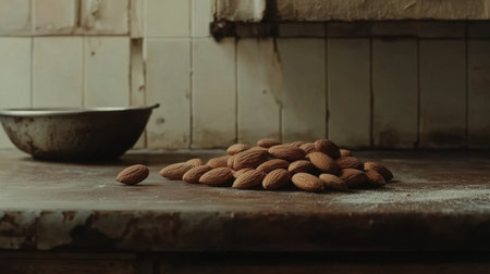 A captivating still life image showcasing a pile of almonds on a weathered wooden table in a vintage kitchen, illuminated by soft natural light.の素材