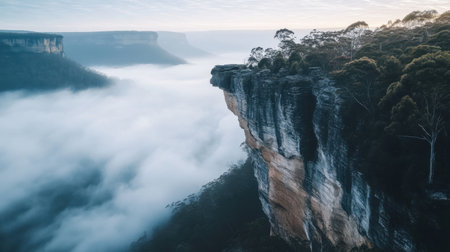 Majestic cliffside view above a fog-covered valley at sunrise, highlighting the beauty of nature and the tranquility of the scene in soft morning colors.の素材