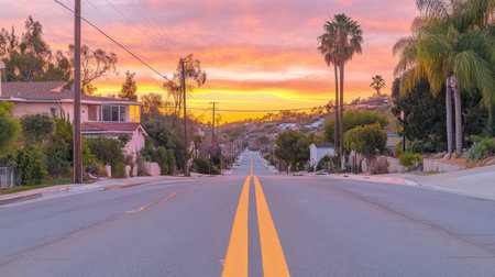 A peaceful neighborhood street at sunset, featuring palm trees and a vibrant sky. The warm colors invite tranquility and serenity in this beautiful urban scene.の素材