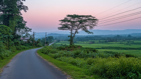 A serene rural landscape at dusk featuring a winding road, lush green fields, and a solitary tree silhouetted against a soft pink sky, evoking tranquility.の素材