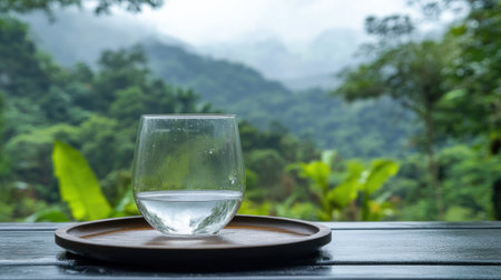 A clear glass of water sits on a wooden tray, offering a stunning view of lush greenery and misty mountains, creating a serene atmosphere ideal for relaxation.の素材