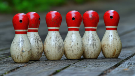This image features vintage wooden bowling pins with a rustic charm, arranged on a weathered wooden surface, showcasing a connection to classic games and nostalgic moments.の素材