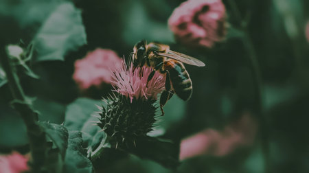 A detailed close-up image of a bee perched on a pink flower, illustrating the beauty of nature and the essential role of pollinators in sustaining ecosystems.の素材