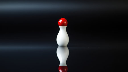 A striking image of a single bowling pin featuring a vibrant red top, expertly captured on a sleek reflective surface against a dark backdrop. Ideal for sports themes.の素材