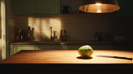 A vibrant green cabbage sits on a wooden table, illuminated by warm light, creating a cozy kitchen atmosphere perfect for cooking and meal preparation.の素材