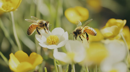 Two honey bees busy collecting pollen from bright yellow buttercup flowers in a lush garden, showcasing the beauty of nature and pollination in a serene setting.の素材