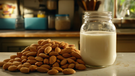 Discover the rich texture of almond milk in a glass jar beside raw almonds. Perfect for health enthusiasts, this image showcases a fresh and wholesome lifestyle.の素材