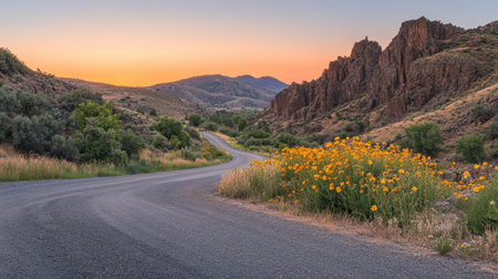 A picturesque winding road leads through a vibrant array of wildflowers, set against a backdrop of majestic mountains under a stunning sunset sky.の素材