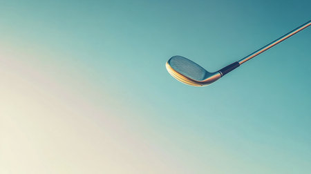 This image features a close-up of a golf club head against a soft gradient sky, emphasizing the elegance and detail of golf equipment, ideal for sport-related projects.の素材