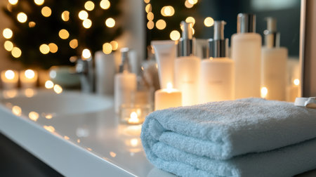 A tranquil bathroom scene featuring neatly stacked towels and elegant skincare products, complemented by warm candlelight and soft bokeh effects for a serene atmosphere.の素材