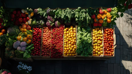 A vibrant outdoor market showcases an array of fresh fruits and vegetables in wooden crates, basking in sunlight and surrounded by lush greenery, perfect for healthy living.の素材