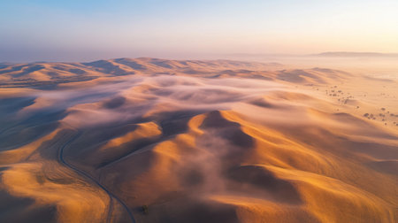 A stunning aerial view of gentle sand dunes at dawn, where soft fog mingles with the golden hues of sunrise, creating a peaceful atmosphere perfect for nature lovers.の素材
