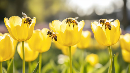 A vibrant scene featuring bees pollinating bright yellow tulips in a sunlit garden, illustrating the vital role of pollinators in the ecosystem during springtime.の素材