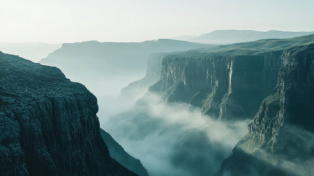 A breathtaking mountain landscape showcases rugged cliffs enveloped in fog, creating a serene and mysterious atmosphere at sunrise, perfect for nature lovers and travelers.の素材