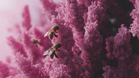 Discover the enchanting scene of bees diligently pollinating vibrant pink flowers, highlighting the essential role of pollinators in maintaining ecological balance and beauty.の素材