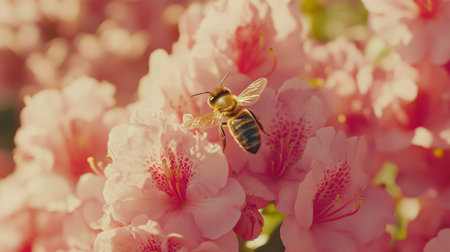 A detailed close-up captures a honey bee collecting nectar from stunning pink azalea flowers, illustrating the beauty of springtime nature and pollination.の素材