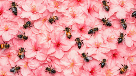 This stunning close-up showcases bees buzzing around soft pink flowers, highlighting nature's beauty and the vital role of pollination in ecosystems.の素材