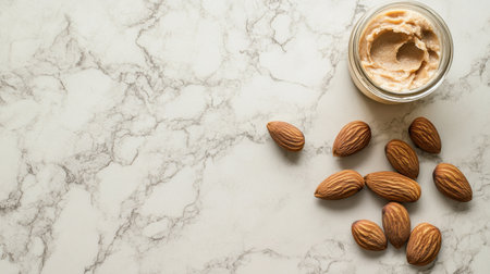 A glass jar filled with creamy almond butter sits elegantly on a light marble surface, accompanied by whole almonds for an inviting and nutritious scene.の素材