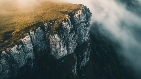 Stunning aerial perspective of a cliffside above a lush green forest with mist weaving through the trees, capturing a serene moment at dawn with gentle light.の素材