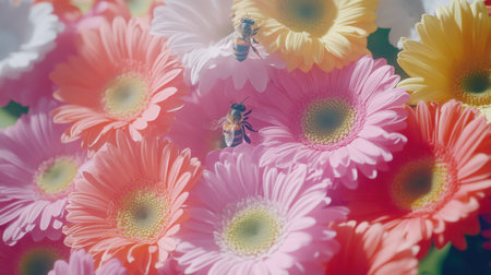A vibrant display of colorful gerbera daisies attracts bees, showcasing the beauty of nature and the vital process of pollination in a serene garden setting.の素材