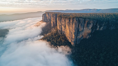 Captivating aerial view of majestic cliffs rising above a lush green valley enveloped in mist, showcasing a stunning natural landscape at sunset, ideal for exploration.の素材