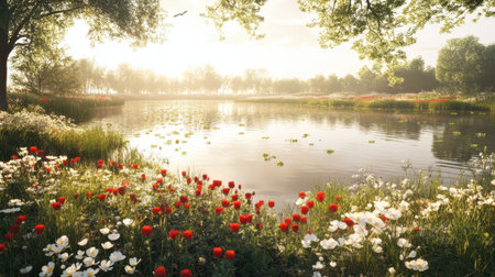 Experience the tranquility of a peaceful morning by a serene lake, where colorful flowers bloom under a beautiful sunrise, reflecting nature's beauty in perfect harmony.の素材