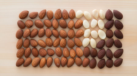 An artistic display featuring various almond types arranged to imitate the American flag, promoting healthy snacking and vibrant presentation on a wooden background.の素材