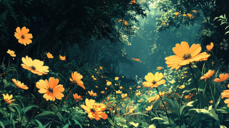 Discover the beauty of a forest filled with vibrant yellow flowers, illuminated by soft sunlight. A perfect scene for nature lovers seeking tranquility and inspiration.の素材