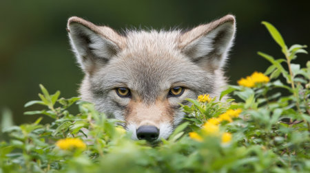 A beautiful fox peeks through lush greenery and colorful wildflowers, showcasing its keen eyes and alert ears, capturing the essence of wildlife in its natural habitat.の素材