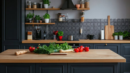 A vibrant kitchen scene featuring fresh vegetables and herbs artfully arranged on a wooden counter, highlighting a modern and stylish interior perfect for culinary creativity.の素材