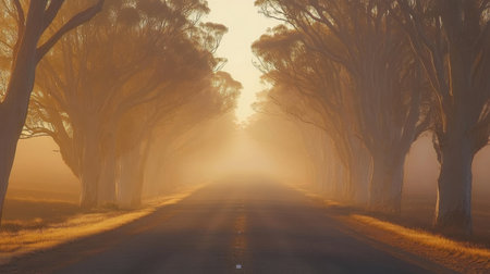 A tranquil foggy morning scene featuring a tree-lined road illuminated by soft golden light, creating a serene atmosphere perfect for nature lovers and travelers.の素材