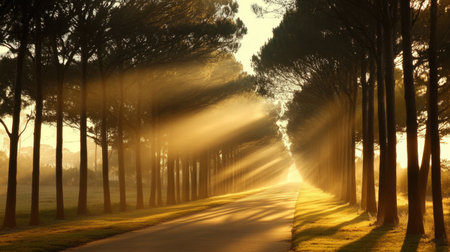 A stunning landscape featuring a peaceful tree-lined path at sunrise. Rays of light filter gently through the trees, creating a serene, inviting atmosphere perfect for reflection.の素材