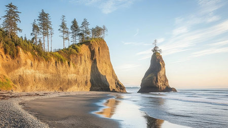 Explore a serene coastal landscape featuring towering cliffs, a sandy beach, and lush trees. Experience the peaceful morning light reflecting on calm ocean waves.の素材