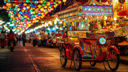 A colorful market scene full of life, featuring an ornate rickshaw under vibrant lanterns. The decorative elements create a magical atmosphere of celebration and culture.の素材