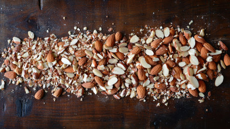 A stunning arrangement of whole and chopped almonds on a wooden surface. Perfect for highlighting healthy eating and the versatility of nuts in various dishes.の素材