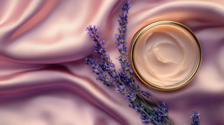 Luxurious lavender cream rests on soft satin fabric, presenting a serene beauty concept. Ideal for spa themes, wellness promotions, and natural skin care products.の素材