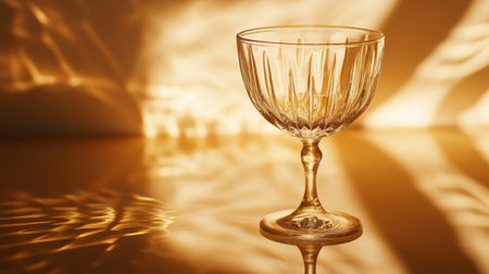 An elegant crystal glass stands gracefully illuminated by soft warm light, creating stunning reflections on a smooth surface. Ideal for decorative and artistic photography.の素材