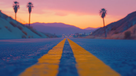 Explore a stunning landscape featuring a deserted road at sunset, framed by palm trees and mountains, where vibrant colors blend in a breathtaking sky.の素材