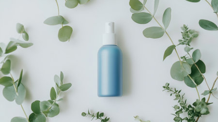 A stylish blue spray bottle is artfully placed among vibrant green leaves on a light background, perfect for showcasing natural products and minimal aesthetic.の素材