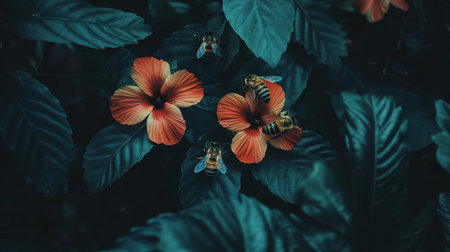 Stunning shot of hibiscus flowers attracting honey bees in a lush garden. This image captures the vibrant colors and natural beauty of flora and fauna working together.の素材