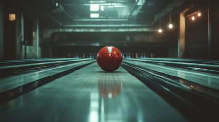 A striking image of a red bowling ball poised on the polished lanes of a bowling alley. The dramatic lighting and reflections create a captivating and dynamic atmosphere.の素材