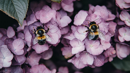 Focused view of busy bees engaging in pollination on delicate pink hydrangea flowers. This image captures the vibrant colors and intricate details of natureの素材