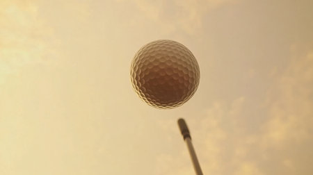 A captivating image of a golf ball soaring through the air against a backdrop of a beautiful sunset, emphasizing the ball's texture and the dynamic action of the sport.の素材