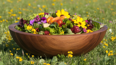 A stunning wooden bowl brimming with a variety of fresh vegetables and vibrant flowers set against a picturesque green field, perfect for promoting healthy eating and nature.の素材