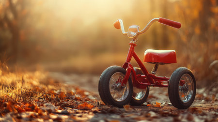 A charming red tricycle sits on a sunlit path, surrounded by vibrant autumn leaves. The warm, inviting atmosphere evokes nostalgia and playful moments.の素材