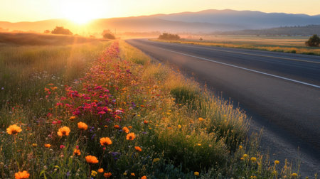 A stunning view of colorful wildflowers lining a peaceful roadside at sunrise, showcasing nature's beauty in the soft light of a new day in a serene landscape.の素材