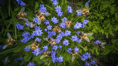 A captivating aerial view of busy bees gathering nectar from vibrant blue flowers, showcasing the beauty and importance of pollinators in nature's ecosystem.の素材